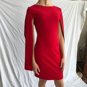 Dramatic Red Cape Sleeve Dress